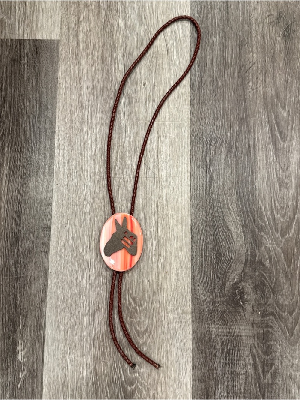Vintage Donkey Bolo Tie Braided Leather Pink Stone Southwestern